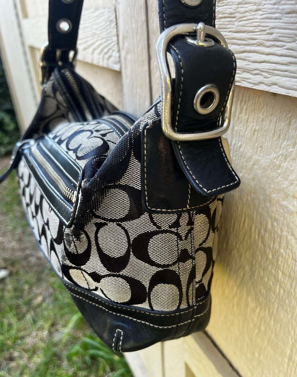 Coach Black and Cream Signature Canvas Shoulder Bag